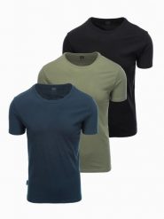 Zestaw męskich bawełnianych t-shirtów BASIC z okrągłym dekoltem – czarny/granatowy/khaki V3 OM-TSBS-0232 - XL. Niebieskie t-shirty męskie Ombre Clothing, l, bez wzorów, z bawełny, bez kołnierzyka, bez ramiączek. Za 89.99 zł.