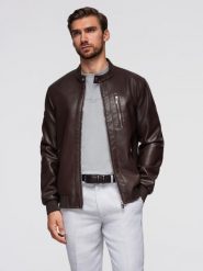 Kurtka męska z imitacji skóry ze stójką - ciemnobrązowa V1 - Rozmiar: XL. Brązowe kurtki męskie Ombre Clothing, l, bez wzorów, z materiału, eleganckie, bez ramiączek, bez kaptura. Za 399.99 zł.