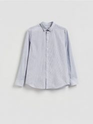 Wzorzysta koszula slim fit - niebieski. Niebieskie koszule męskie Reserved, l, bez wzorów, z bawełny, bez kołnierzyka, bez ramiączek. Za 129.99 zł.