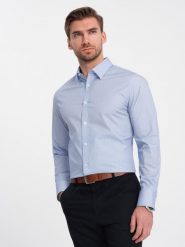 Koszula męska bawełniana w mikro wzór REGULAR FIT - jasnoniebieska V2 - Rozmiar: S. Niebieskie koszule męskie Ombre Clothing, m, bez wzorów, z bawełny, bez kołnierzyka, bez ramiączek. W wyprzedaży za 69.99 zł.