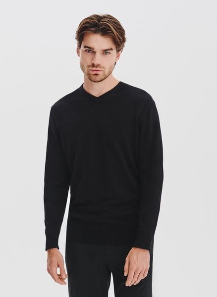 PAKO LORENTE - Czarny sweter męski v-neck. Czarne swetry męskie Pako Lorente, bez wzorów, z bawełny, bez kołnierzyka, bez ramiączek. Za 139.99 zł.