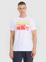 4F T-shirt regular z nadrukiem męski - biały S. Białe t-shirty męskie 4f, m, bez wzorów, z bawełny, bez kołnierzyka, bez ramiączek. Za 69.99 zł.