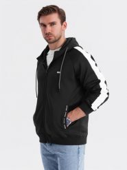 Męska rozpinana bluza z kapturem i lampasami - czarna V1 - Rozmiar: L. Czarne bluzy z kapturem męskie Ombre Clothing, l, z aplikacjami, z dzianiny, z kapturem. W wyprzedaży za 194.99 zł.