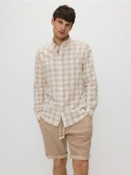 Koszula regular fit w kratę - beżowy. Brązowe koszule męskie Reserved, l, bez wzorów, z bawełny, bez kołnierzyka, bez ramiączek. W wyprzedaży za 59.99 zł.
