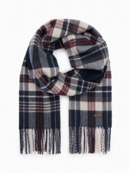 Męski szalik z frędzlami w szkocką kratę – granatowo-kremowy V3 OM-ACSF-0113 - uniwersalny. Niebieskie szaliki męskie Ombre Clothing, bez wzorów, z materiału. Za 47.99 zł.