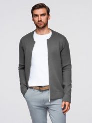 Męski sweter gładki na zamek – grafitowy V2 - Rozmiar: XXL. Szare swetry męskie Ombre Clothing, bez wzorów, z dzianiny, bez kołnierzyka, bez ramiączek. Za 239.99 zł.