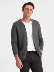 Dzianinowy męski kardigan z kieszeniami i ozdobnymi guzikami – grafitowy melanż V2 - Rozmiar: L. Szare kardigany męskie Ombre Clothing, l, z aplikacjami, z bawełny, bez ramiączek. W wyprzedaży za 69.99 zł.