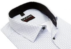 Biała elastyczna koszula męska Modini z niebieskim wzorem DD11. Białe koszule męskie Modini Moda Męska, m, bez wzorów, z bawełny, bez kołnierzyka, bez ramiączek. W wyprzedaży za 179.10 zł.