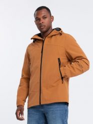 Kurtka męska przejściowa z kapturem - camel V5 - Rozmiar: L. Brązowe kurtki męskie Ombre Clothing, l, bez wzorów, bez ramiączek, z kapturem. W wyprzedaży za 109.99 zł.