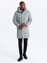 Monochromatyczny długi męski płaszcz z kapturem – szary melanż V1 OM-COWC-22FW-005 - XXL. Szare płaszcze męskie Ombre Clothing, l, bez wzorów, z materiału, eleganckie, z kapturem. Za 329.99 zł.