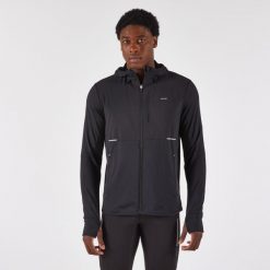 Bluza do biegania męska Kiprun Run 100 Warm ocieplana. Czarne bluzy rozpinane męskie KIPRUN, m, bez wzorów, z elastanu, sportowe, bez ramiączek, bez kaptura. Za 159.99 zł.