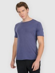 4F Koszulka trekkingowa z wełną merino męska - niebieska S. Niebieskie t-shirty męskie 4f, m, bez wzorów, z materiału, bez kołnierzyka, bez ramiączek. Za 199.99 zł.