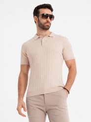 Męska koszulka polo z wiskozą SLIM FIT w pionowy prążek beżowa V2 OM-POSS-0143 L. Brązowe koszulki polo męskie Ombre, l, bez wzorów, z wiskozy, bez kołnierzyka, bez ramiączek. Za 302.57 zł.