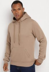 Ciemnobeżowa Bluza Evoire. Brązowe bluzy z kapturem męskie Born2be, l, bez wzorów, z jeansu, z kapturem. Za 69.99 zł.