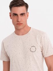 Męski bawełniany t-shirt z nadrukiem i okrągłym dekoltem – beżowy V2 OM-TSFP-0186 - XXL. Brązowe t-shirty męskie Ombre Clothing, l, bez wzorów, z bawełny, bez kołnierzyka, bez ramiączek. W wyprzedaży za 39.99 zł.