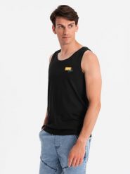 Męski bawełniany tank top z nadrukiem Summer Vibe – czarny V1 - Rozmiar: M. Czarne t-shirty sportowe męskie Ombre Clothing, m, bez wzorów, z bawełny, eleganckie, bez ramiączek. W wyprzedaży za 39.99 zł.