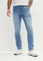 Dżinsy slim fit ze stretchem, straight. Niebieskie jeansy męskie bonprix, bez wzorów, z jeansu. Za 109.99 zł.