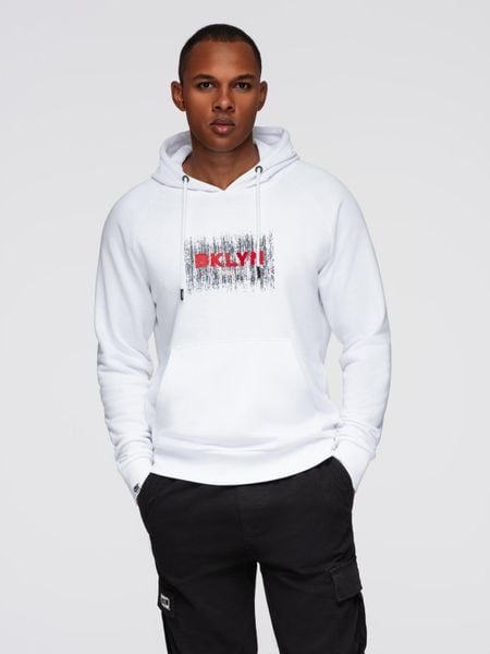 Męska klasyczna bluza kangurka z nadrukiem - biała V1 - Rozmiar: L. Białe bluzy nierozpinane męskie Ombre Clothing, l, bez wzorów, z bawełny, z kapturem. W wyprzedaży za 59.99 zł.