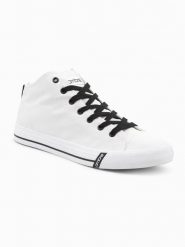 Buty męskie trampki z kontrastującymi elementami - białe V1 - Rozmiar: 43. Białe trampki męskie Ombre Clothing, bez wzorów, z materiału, sportowe, za kostkę, bez zapięcia. W wyprzedaży za 224.99 zł.