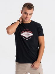 T-shirt męski bawełniany z nadrukiem - czarny V3 - Rozmiar: XL. Czarne t-shirty męskie Ombre Clothing, m, bez wzorów, z bawełny, bez kołnierzyka, bez ramiączek. W wyprzedaży za 19.99 zł.