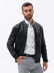 Kurtka męska z imitacji skóry ze ściągaczem na dole - czarna V2 - Rozmiar: XL. Czarne kurtki męskie Ombre Clothing, m, bez wzorów, ze skóry, bez ramiączek, bez kaptura. W wyprzedaży za 119.99 zł.