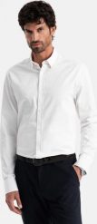 Ombre Klasyczna męska koszula SLIM FIT z tkaniny satynowej biała V1 OM-SHOS-0176 XXL. Białe koszule męskie Ombre, m, bez wzorów, z satyny, bez kołnierzyka, bez ramiączek. Za 169.99 zł.