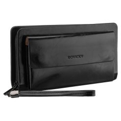 Saszetka męska ze skóry ekologicznej w czarnym kolorze, dwukomorowa - Rovicky. Czarne saszetki męskie ROVICKY, bez wzorów, ze skóry ekologicznej, eleganckie. Za 49.99 zł.