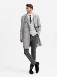 Elegancki dwurzędowy męski płaszcz w jodełkę – szary V1 - Rozmiar: XXL. Szare płaszcze męskie Ombre Clothing, m, z aplikacjami, z dzianiny, eleganckie, bez kaptura. W wyprzedaży za 419.99 zł.