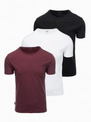 Zestaw bawełnianych t-shirtów męskich BASIC z okrągłym dekoltem – czarny/biały/bordowy V6 OM-TSBS-0232 - XXL. Czerwone t-shirty męskie Ombre Clothing, l, bez wzorów, z bawełny, bez kołnierzyka, bez ramiączek. Za 89.99 zł.