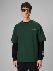 4F T-shirt loose z nadrukiem męski - zielony S. Zielone t-shirty męskie 4f, m, bez wzorów, z bawełny, bez kołnierzyka, bez ramiączek. Za 89.99 zł.