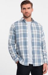 Ombre Klasyczna flanelowa męska koszula bawełniana w kratę - niebiesko-kremowa V2 OM-SHCS-0157 S. Białe koszule męskie Ombre, m, bez wzorów, z bawełny, bez kołnierzyka, bez ramiączek. Za 149.99 zł.