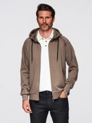 Męska bluza rozpinana ze stójką i kapturem szarobrązowa V3 OM-SSZP-0216 S. Brązowe bluzy rozpinane męskie Ombre, m, bez wzorów, bez ramiączek. Za 347.95 zł.