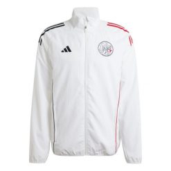 Kurtka prezentacyjna Ajax Amsterdam 2025/26. Białe kurtki męskie ADIDAS, bez wzorów, sportowe, bez ramiączek, bez kaptura. W wyprzedaży za 307.50 zł.