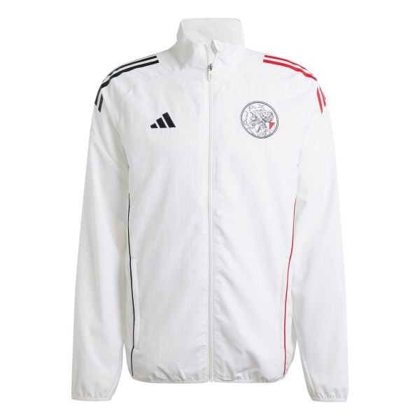Kurtka prezentacyjna Ajax Amsterdam 2025/26. Białe kurtki męskie ADIDAS, bez wzorów, sportowe, bez ramiączek, bez kaptura. W wyprzedaży za 307.50 zł.