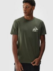 4F T-shirt regular z nadrukiem męski - oliwkowy/khaki S. Brązowe t-shirty męskie 4f, m, bez wzorów, z bawełny, bez kołnierzyka, bez ramiączek. W wyprzedaży za 39.99 zł.