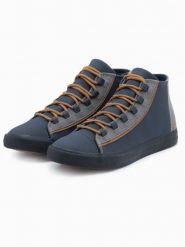 Męskie buty trampki z kontrastującymi elementami - granatowe V2 - Rozmiar: 40. Niebieskie trampki męskie Ombre Clothing, bez wzorów, z gumy, przed kolano, bez zapięcia. W wyprzedaży za 89.99 zł.