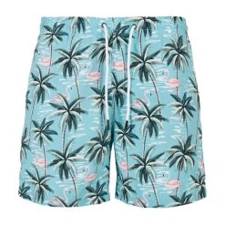 Męskie Spodenki Kąpielowe Z Nadrukiem Tropical Birds AllOver. Niebieskie kąpielówki męskie Urban Classics, bez wzorów, sportowe. Za 104.99 zł.