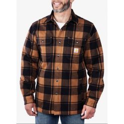 Koszula turystyczna męska Carhartt Flannel Sherpa-Lined Shirt Jac. Brązowe koszule męskie Carhartt, m, bez wzorów, bez kołnierzyka, bez ramiączek. Za 408.99 zł.
