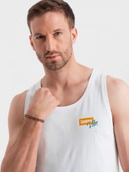 Bawełniany męski tank top z nadrukiem Summer Vibe – biały V2 - Rozmiar: L. Białe t-shirty sportowe męskie Ombre Clothing, l, bez wzorów, z bawełny, eleganckie, bez ramiączek. W wyprzedaży za 39.99 zł.