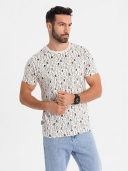 Koszulka bawełniana z nadrukiem i okrągłym dekoltem – kremowa V1 OM-TSFP-0225 - XXL. Białe t-shirty męskie Ombre Clothing, l, bez wzorów, z bawełny, bez kołnierzyka, bez ramiączek. Za 65.99 zł.