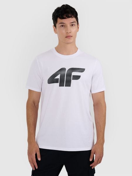 4F T-shirt regular z nadrukiem męski - biały XL. Białe t-shirty męskie 4f, m, bez wzorów, bez kołnierzyka, bez ramiączek. Za 59.99 zł.