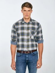 Koszula męska flanelowa w kratę niebiesko-beżowa Koner 401. Niebieskie koszule męskie Big Star, l, bez wzorów, z jeansu, bez kołnierzyka, bez ramiączek. Za 229.99 zł.