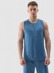 4F Tank top treningowy regular z materiału z recyklingu męski - niebieski S. Niebieskie t-shirty męskie 4f, m, bez wzorów, z dzianiny, bez kołnierzyka, bez ramiączek. W wyprzedaży za 29.99 zł.