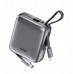 BWOO power bank P74 22.5W 10000 mAh z 2 wbudowanymi kablami 1 x USB-C 1 x Lightning srebrny. Szare powerbanki Wekome. Za 97.36 zł.