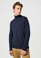 WRANGLER MĘSKA BLUZA TURTLENECK DARK NAVY 112357296 W8D8008616. Niebieskie bluzy nierozpinane męskie Wrangler, m, bez wzorów, z bawełny, eleganckie, bez ramiączek, bez kaptura. W wyprzedaży za 129.99 zł.