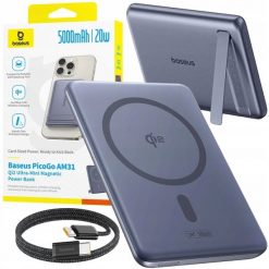 Powerbank Baseus Powerbank PicoGo AM31 Qi2 5000mAh 20W ultracienki compatible z MagSafe z podstawką z kablem plecionym Simple USB-C 20cm - szary. Szare powerbanki Baseus. Za 160.32 zł.
