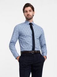 Klasyczna męska bawełniana koszula SLIM FIT w kraby - jasnoniebieska V6 - Rozmiar: S. Niebieskie koszule męskie Ombre Clothing, m, bez wzorów, z bawełny, bez kołnierzyka, bez ramiączek. W wyprzedaży za 69.99 zł.