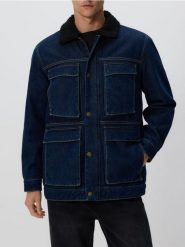 Kurtka sherpa z kołnierzem - granatowy. Niebieskie kurtki męskie Reserved, l, bez wzorów, z denimu, bez ramiączek, bez kaptura. Za 279.99 zł.