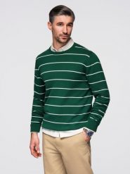 Casualowy sweter męski w poziome paski – zielony V4 - Rozmiar: L. Zielone swetry męskie Ombre Clothing, z aplikacjami, z bawełny, wizytowe, bez kołnierzyka, bez ramiączek. W wyprzedaży za 79.99 zł.
