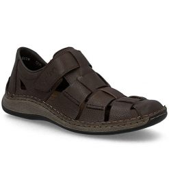 Skórzane półbuty męskie ażurowe brązowe Rieker 05281-25. Brązowe eleganckie półbuty męskie Rieker, ze skóry, bez obcasa, bez zapięcia. Za 369.00 zł.